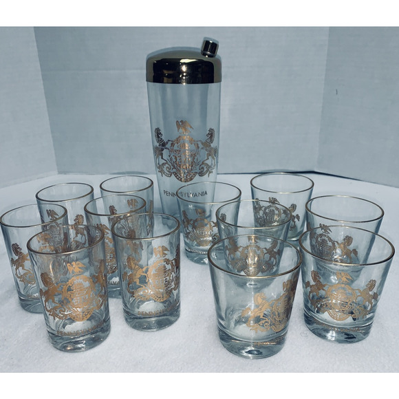 14 Pc Vtg Pennsylvania Coat of Arms Barware Set Shaker Glasses Gold Gilding NOS - Picture 1 of 15